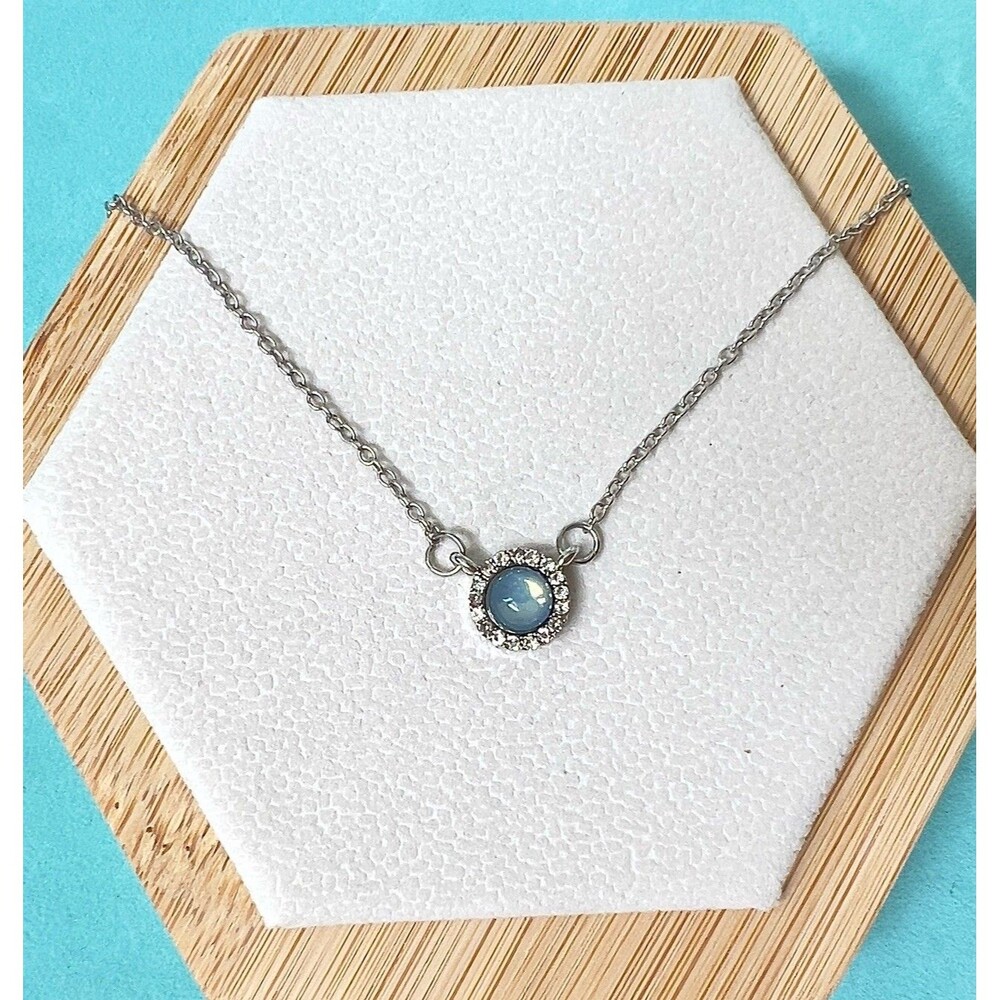 Vintage Necklace Silver Tone Blue Cabochon Halo Pendant Rhinestones 18-21in